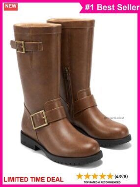 Mid Calf Combat Boots Faux Leather Low Heel Side Zipper Moto Biker